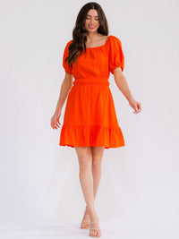 WOMEN'S SHORT SLEEVE SMOCK BACK CUT OUT ELASTIC WAIST MINI DRESS