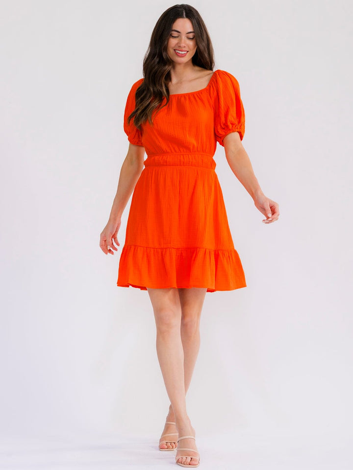WOMEN'S SHORT SLEEVE SMOCK BACK CUT OUT ELASTIC WAIST MINI DRESS