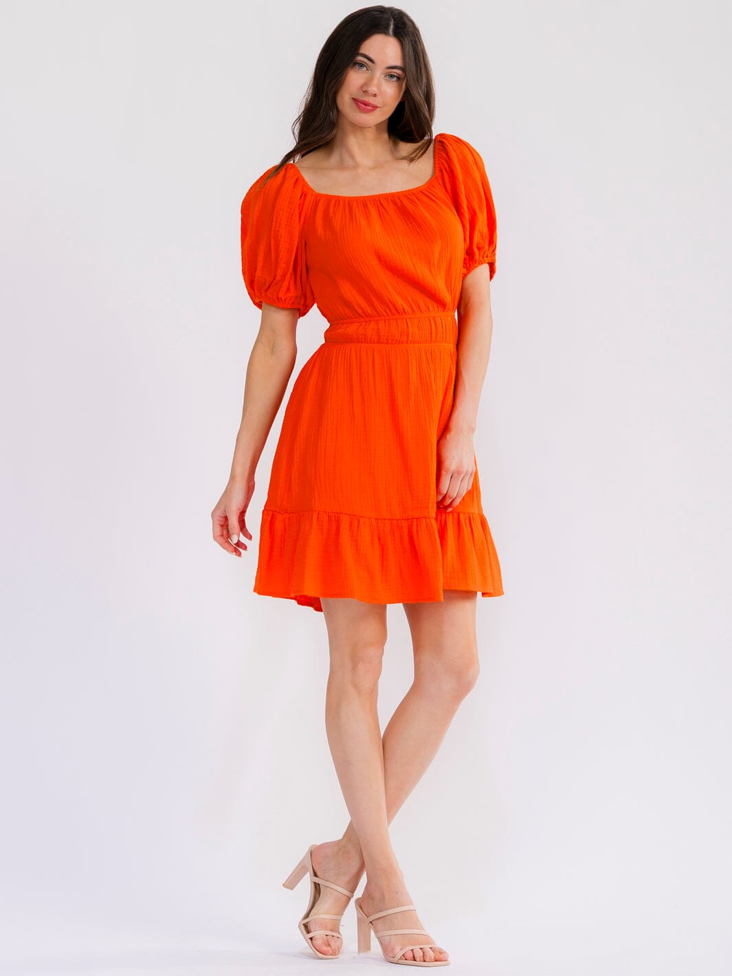 WOMEN'S SHORT SLEEVE SMOCK BACK CUT OUT ELASTIC WAIST MINI DRESS