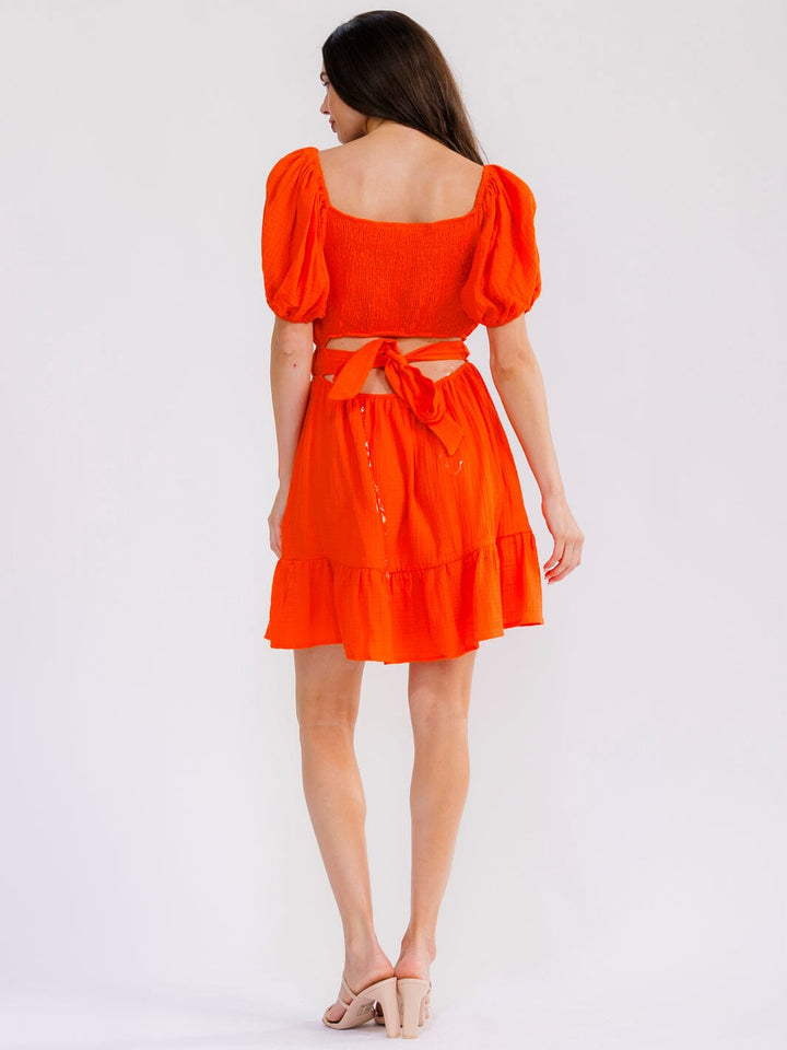 WOMEN'S SHORT SLEEVE SMOCK BACK CUT OUT ELASTIC WAIST MINI DRESS
