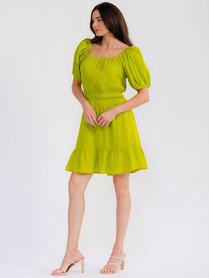 WOMEN'S SHORT SLEEVE SMOCK BACK CUT OUT ELASTIC WAIST MINI DRESS