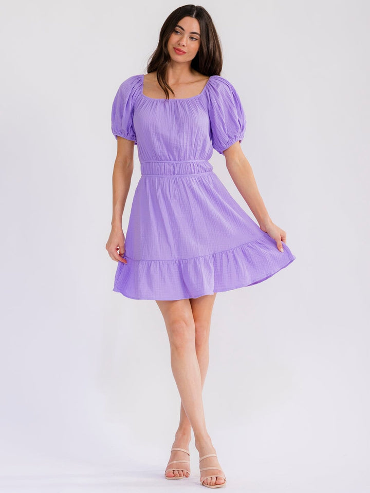 WOMEN'S SHORT SLEEVE SMOCK BACK CUT OUT ELASTIC WAIST MINI DRESS