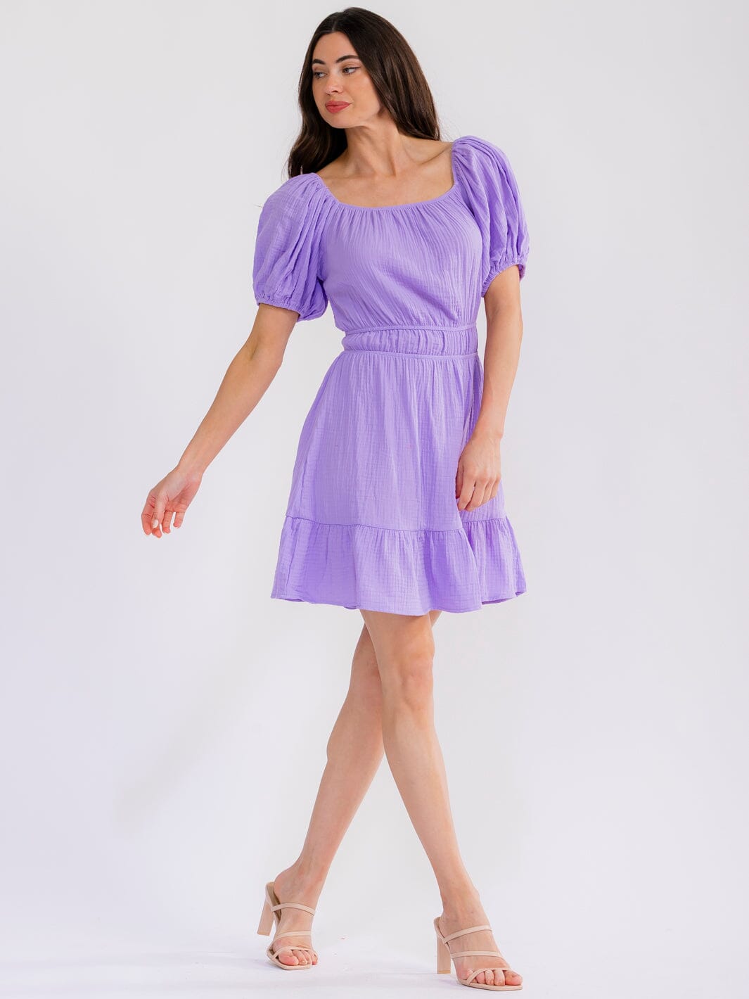WOMEN'S SHORT SLEEVE SMOCK BACK CUT OUT ELASTIC WAIST MINI DRESS