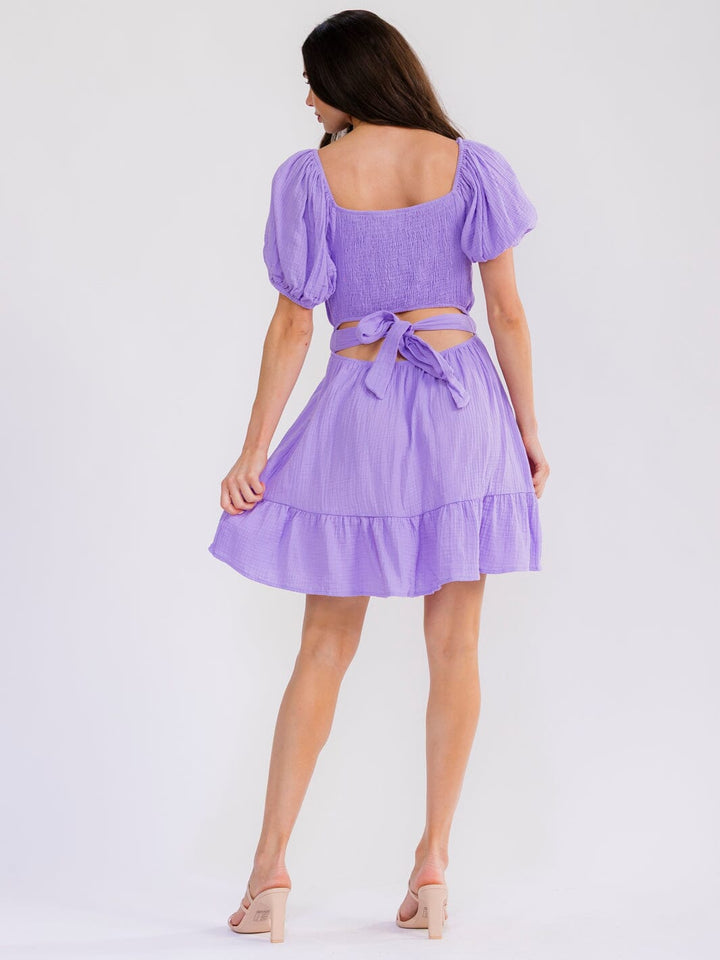 WOMEN'S SHORT SLEEVE SMOCK BACK CUT OUT ELASTIC WAIST MINI DRESS