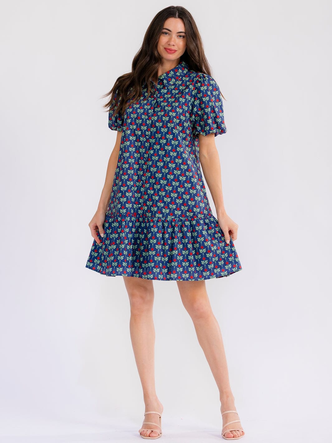 WOMEN'S SHORT SLEEVE FRONT POCKETS BUTTON UP FLORAL MINI DRESS