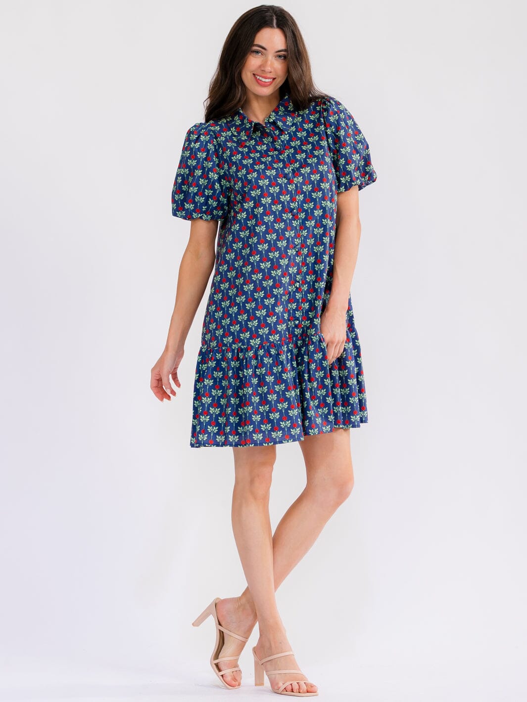 WOMEN'S SHORT SLEEVE FRONT POCKETS BUTTON UP FLORAL MINI DRESS