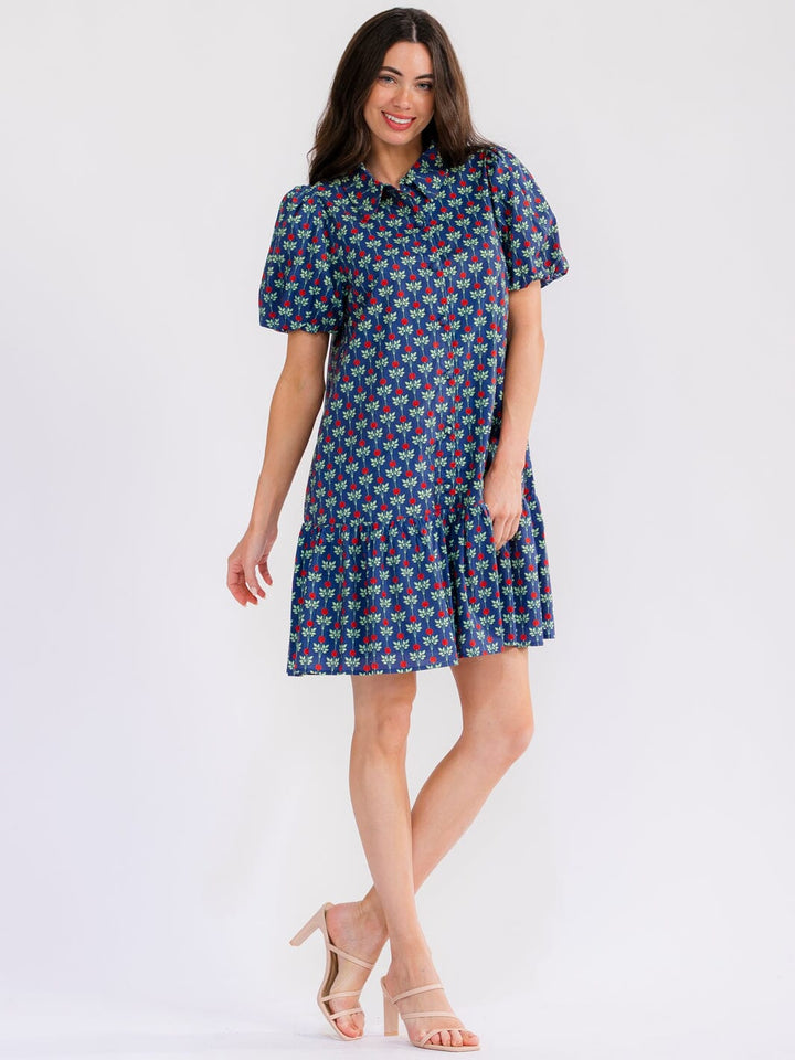 WOMEN'S SHORT SLEEVE FRONT POCKETS BUTTON UP FLORAL MINI DRESS