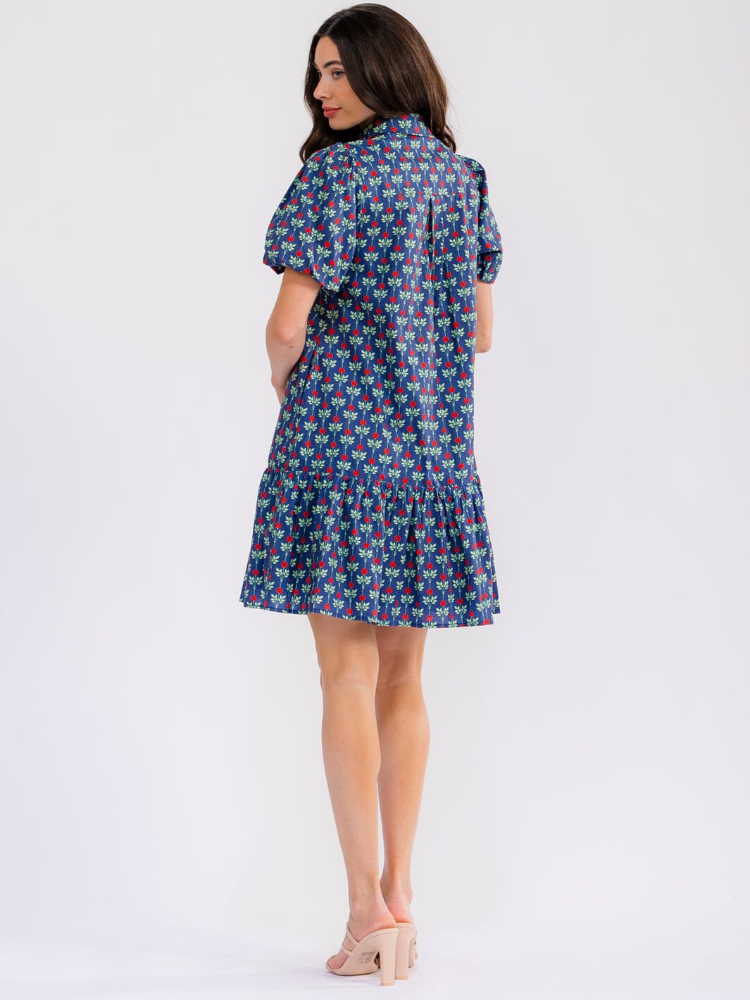WOMEN'S SHORT SLEEVE FRONT POCKETS BUTTON UP FLORAL MINI DRESS