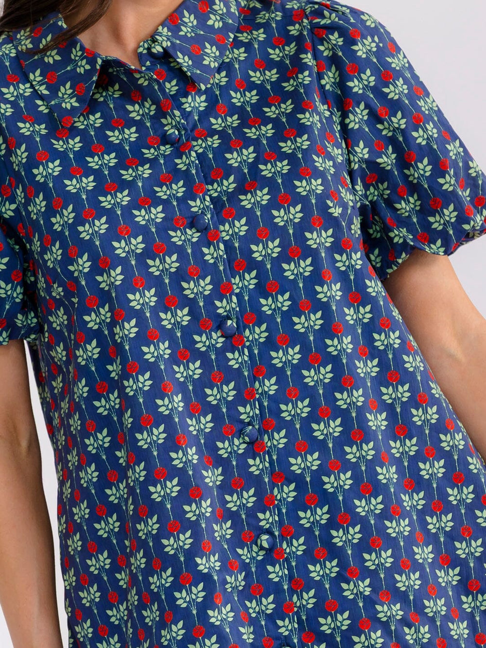 WOMEN'S SHORT SLEEVE FRONT POCKETS BUTTON UP FLORAL MINI DRESS