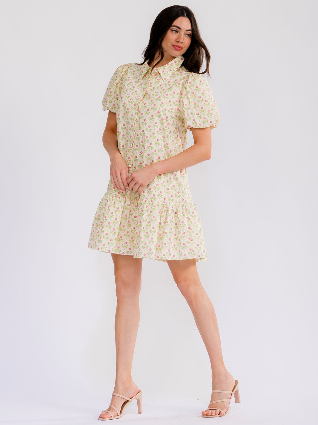 WOMEN'S SHORT SLEEVE FRONT POCKETS BUTTON UP FLORAL MINI DRESS