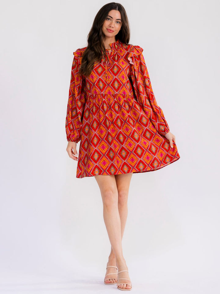 WOMEN'S LONG SLEEVE V-NECK MULTI PRINT MINI DRESS