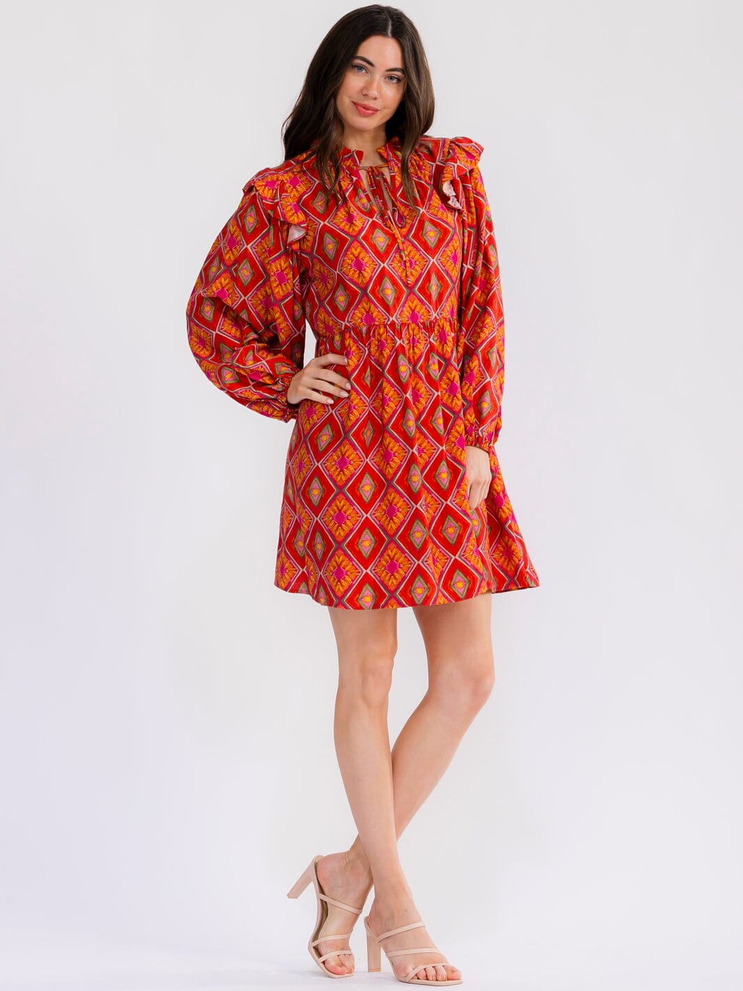 WOMEN'S LONG SLEEVE V-NECK MULTI PRINT MINI DRESS