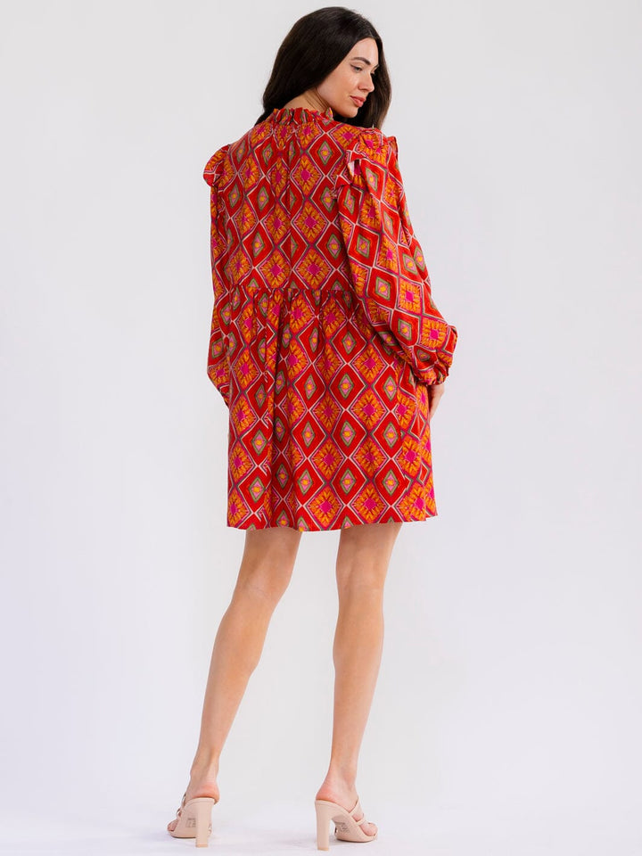WOMEN'S LONG SLEEVE V-NECK MULTI PRINT MINI DRESS