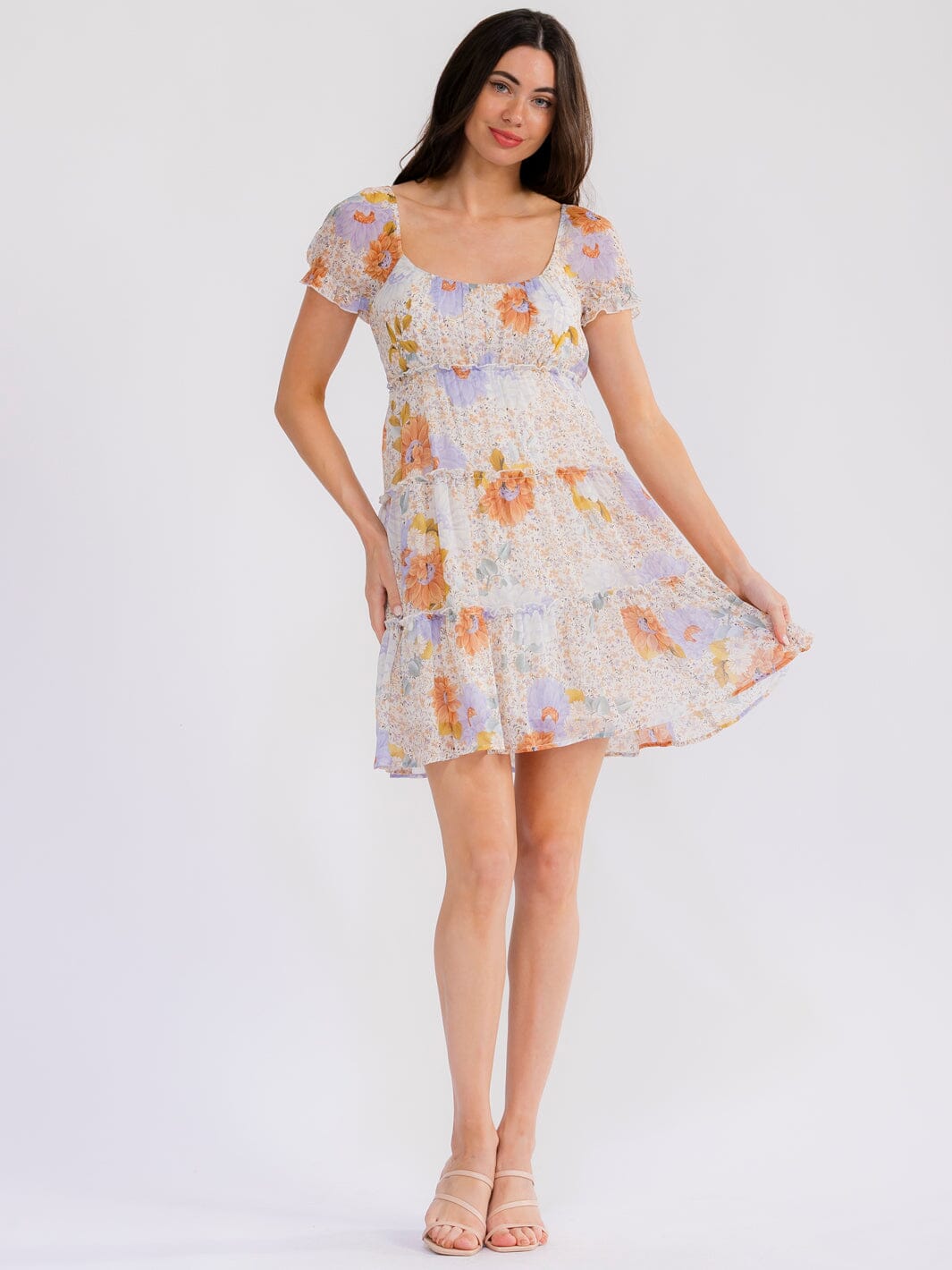 WOMEN'S SHORT SLEEVE SMOCK TIERED ELASTIC WAIST FLORAL MINI DRESS