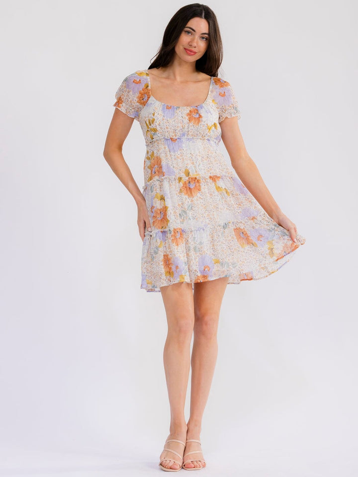 WOMEN'S SHORT SLEEVE SMOCK TIERED ELASTIC WAIST FLORAL MINI DRESS