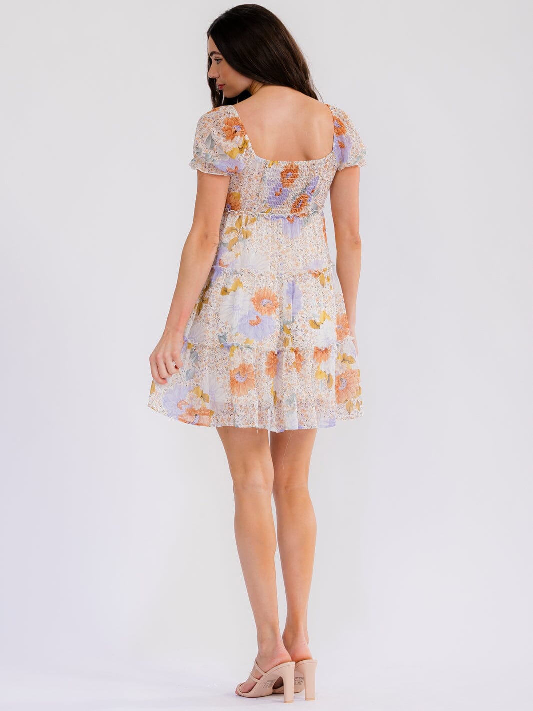 WOMEN'S SHORT SLEEVE SMOCK TIERED ELASTIC WAIST FLORAL MINI DRESS