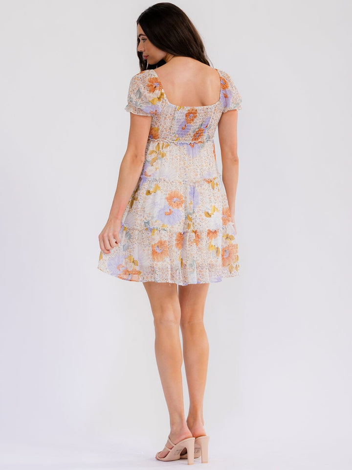 WOMEN'S SHORT SLEEVE SMOCK TIERED ELASTIC WAIST FLORAL MINI DRESS