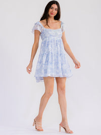 WOMEN'S SHORT SLEEVE OPEN BACK ELASTIC WAIST FLORAL MINI DRESS