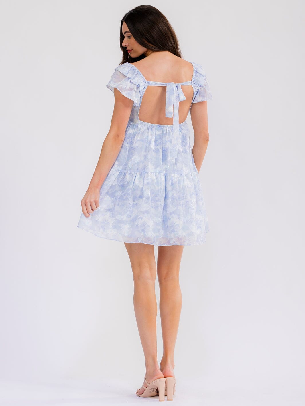 WOMEN'S SHORT SLEEVE OPEN BACK ELASTIC WAIST FLORAL MINI DRESS