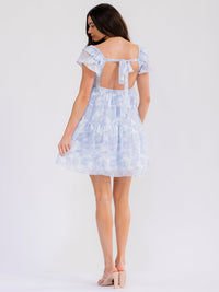 WOMEN'S SHORT SLEEVE OPEN BACK ELASTIC WAIST FLORAL MINI DRESS