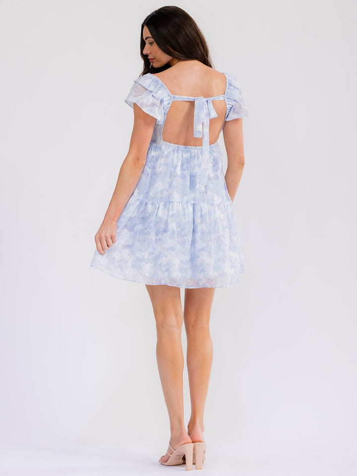 WOMEN'S SHORT SLEEVE OPEN BACK ELASTIC WAIST FLORAL MINI DRESS