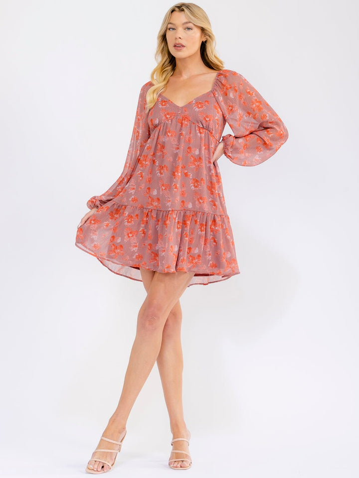 WOMEN'S LONG SLEEVE OPEN BACK TIERED FLORAL MINI DRESS