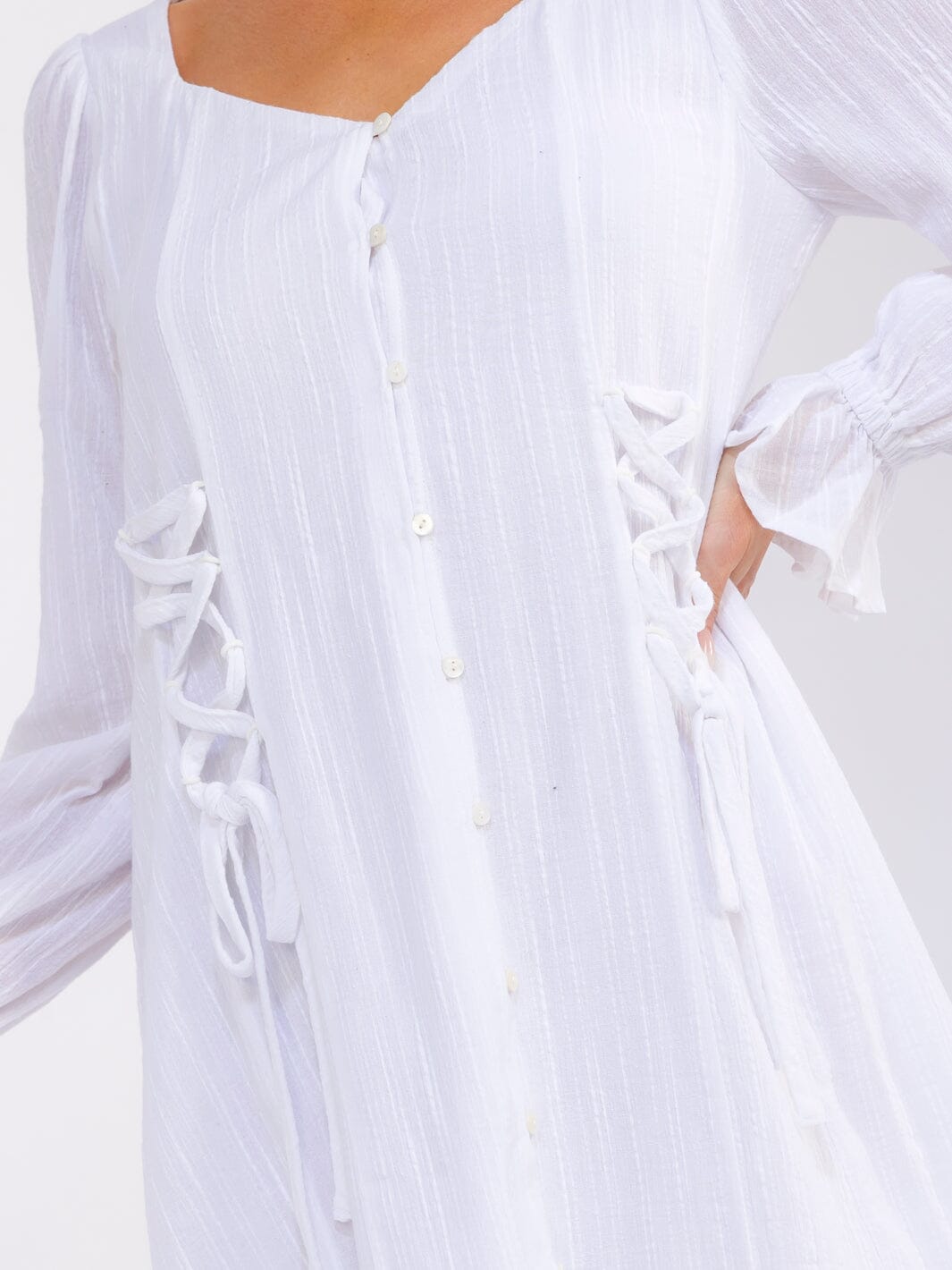 WOMEN'S LONG SLEEVE BUTTON UP TUNIC LACE UP DETAILED MINI DRESS