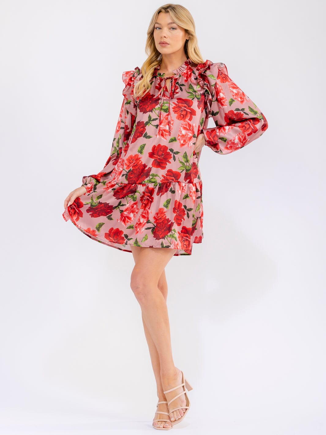 WOMEN'S LONG SLEEVE V-NECK FLORAL TUNIC MINI DRESS