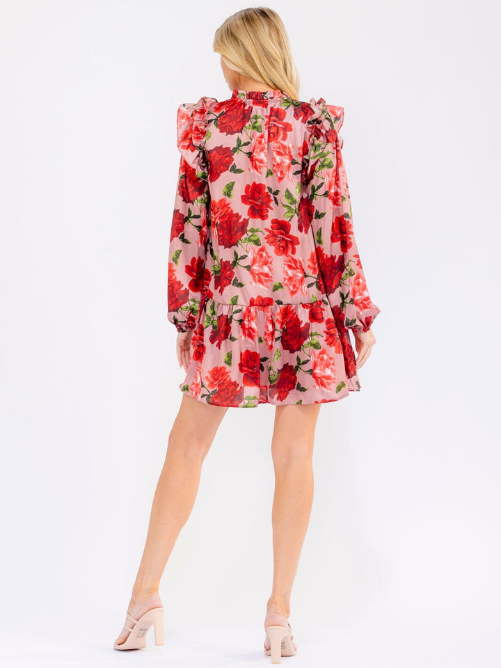 WOMEN'S LONG SLEEVE V-NECK FLORAL TUNIC MINI DRESS