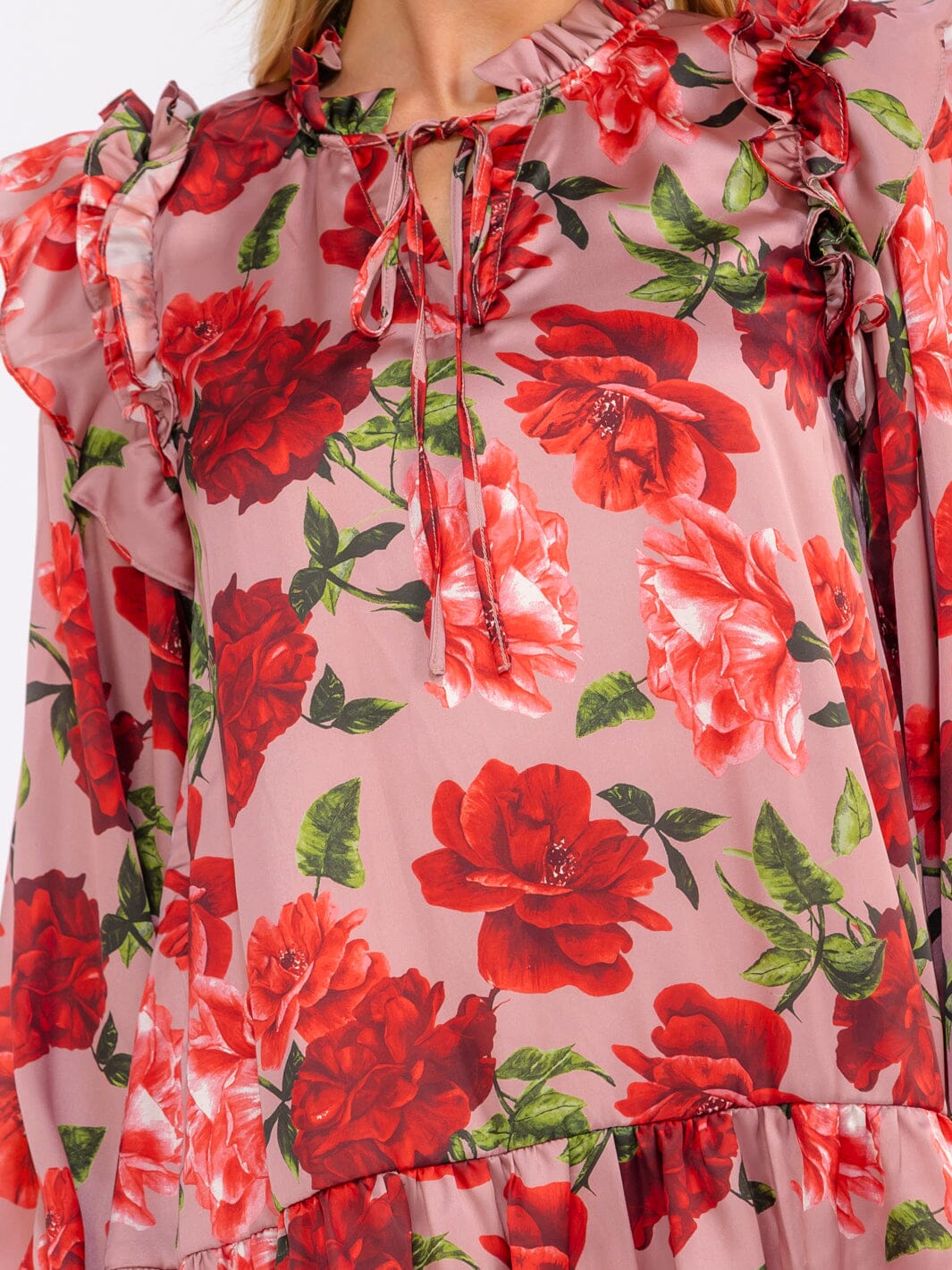 WOMEN'S LONG SLEEVE V-NECK FLORAL TUNIC MINI DRESS