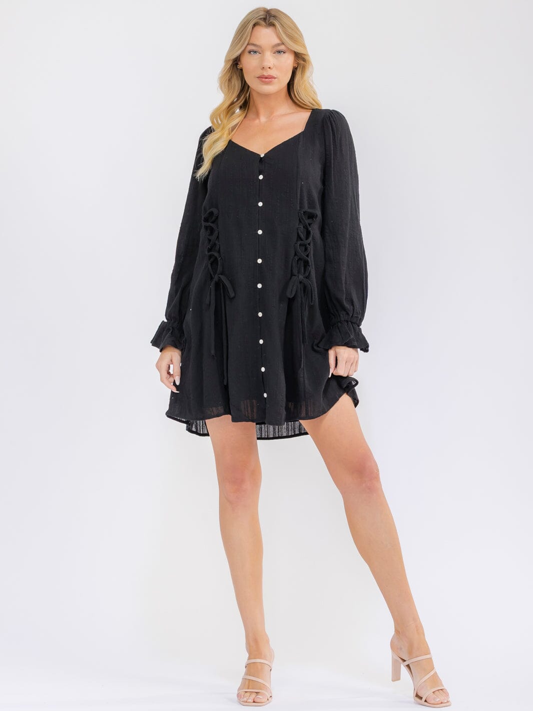 WOMEN'S LONG SLEEVE BUTTON UP TUNIC LACE UP DETAILED MINI DRESS