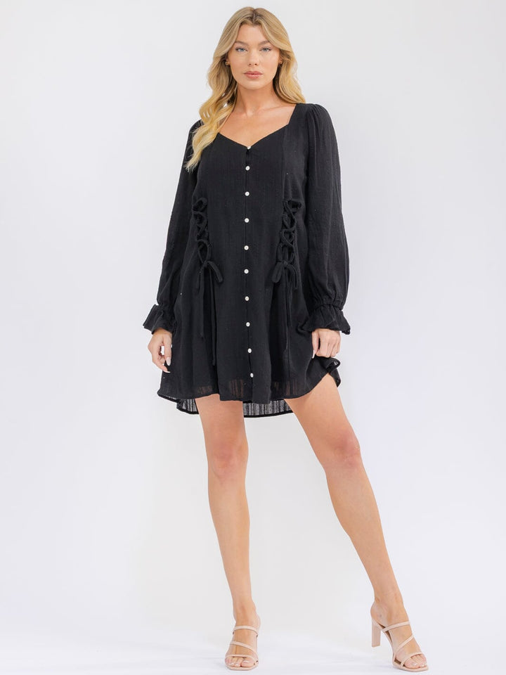 WOMEN'S LONG SLEEVE BUTTON UP TUNIC LACE UP DETAILED MINI DRESS