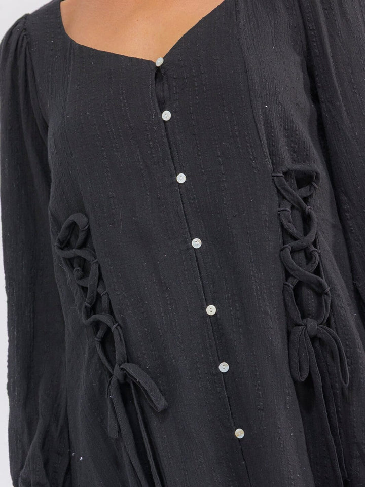 WOMEN'S LONG SLEEVE BUTTON UP TUNIC LACE UP DETAILED MINI DRESS