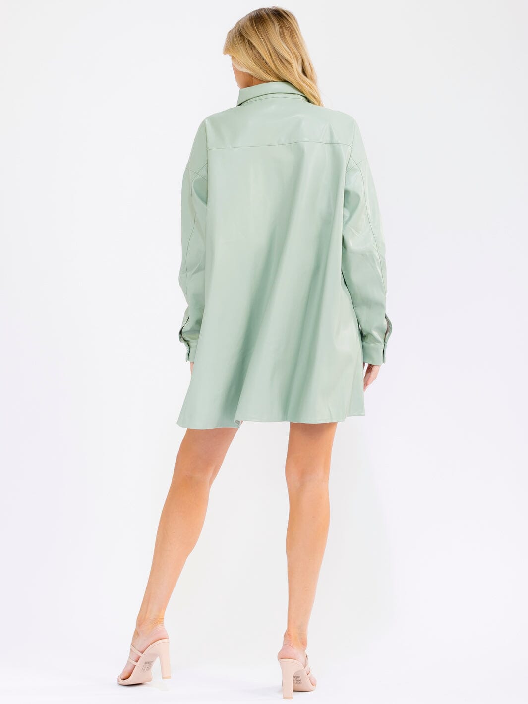WOMEN'S LONG SLEEVE BUTTON UP FRONT POCKETS PU PLEATHER MINI DRESS