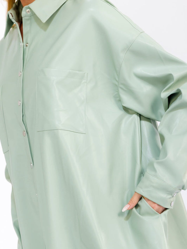 WOMEN'S LONG SLEEVE BUTTON UP FRONT POCKETS PU PLEATHER MINI DRESS