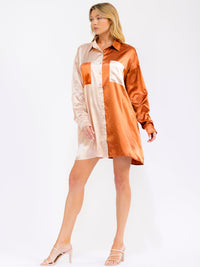 WOMEN'S LONG SLEEVE BUTTON UP FRONT POCKETS RHINESTONES COLORBLOCK MINI DRESS