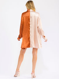 WOMEN'S LONG SLEEVE BUTTON UP FRONT POCKETS RHINESTONES COLORBLOCK MINI DRESS