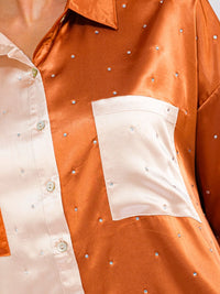 WOMEN'S LONG SLEEVE BUTTON UP FRONT POCKETS RHINESTONES COLORBLOCK MINI DRESS