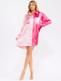 WOMEN'S LONG SLEEVE BUTTON UP FRONT POCKETS RHINESTONES COLORBLOCK MINI DRESS