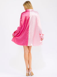 WOMEN'S LONG SLEEVE BUTTON UP FRONT POCKETS RHINESTONES COLORBLOCK MINI DRESS