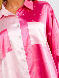 WOMEN'S LONG SLEEVE BUTTON UP FRONT POCKETS RHINESTONES COLORBLOCK MINI DRESS