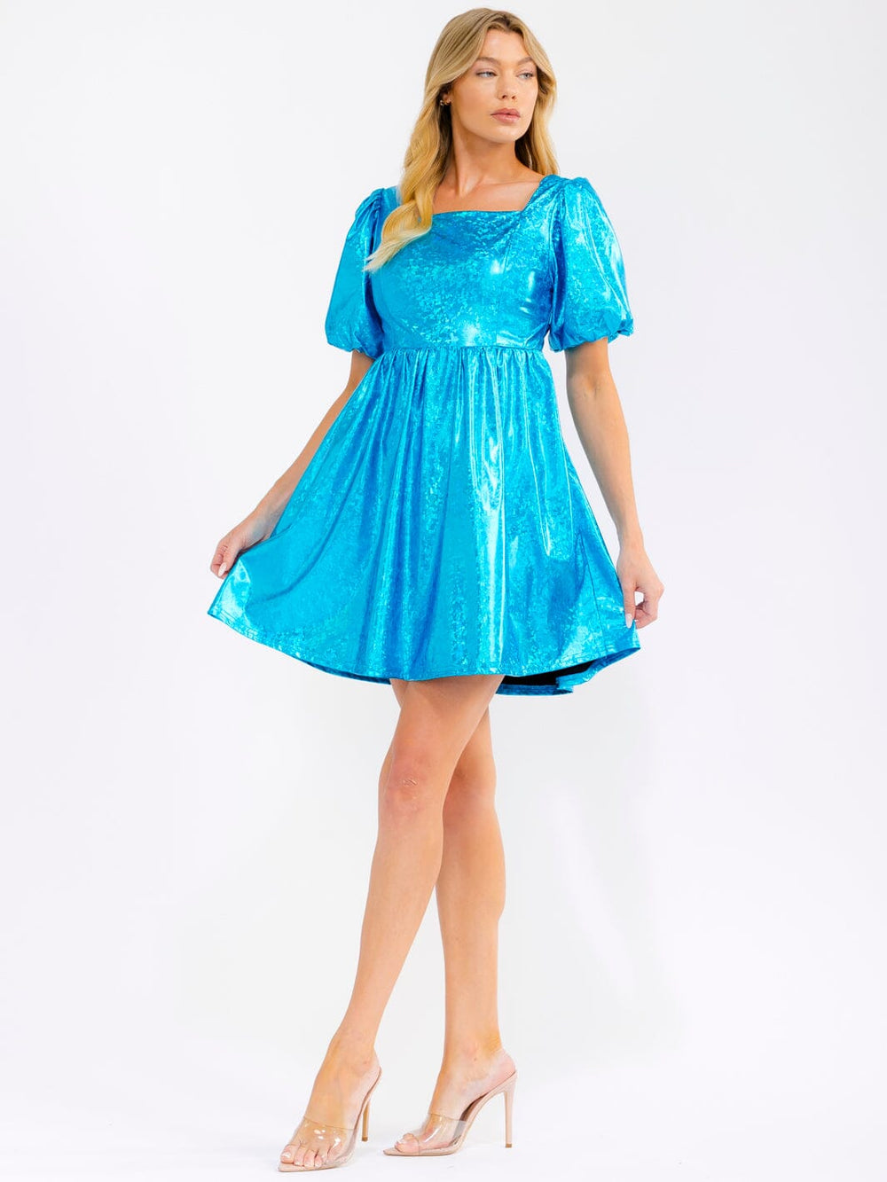 WOMEN'S SHORT PUFF SLEEVE SQUARE NECK SMOCK MINI DRESS