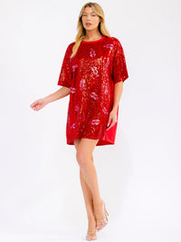 WOMEN'S SHORT SLEEVE FRONT POCKETS LOOSE FIT SEQUINS MINI DRESS