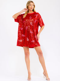 WOMEN'S SHORT SLEEVE FRONT POCKETS LOOSE FIT SEQUINS MINI DRESS