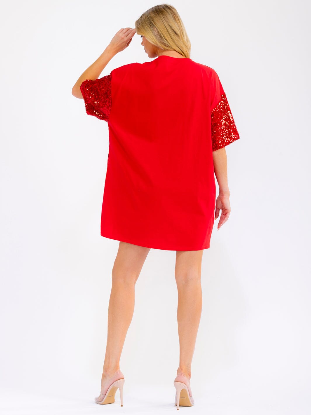 WOMEN'S SHORT SLEEVE FRONT POCKETS LOOSE FIT SEQUINS MINI DRESS