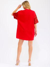 WOMEN'S SHORT SLEEVE FRONT POCKETS LOOSE FIT SEQUINS MINI DRESS