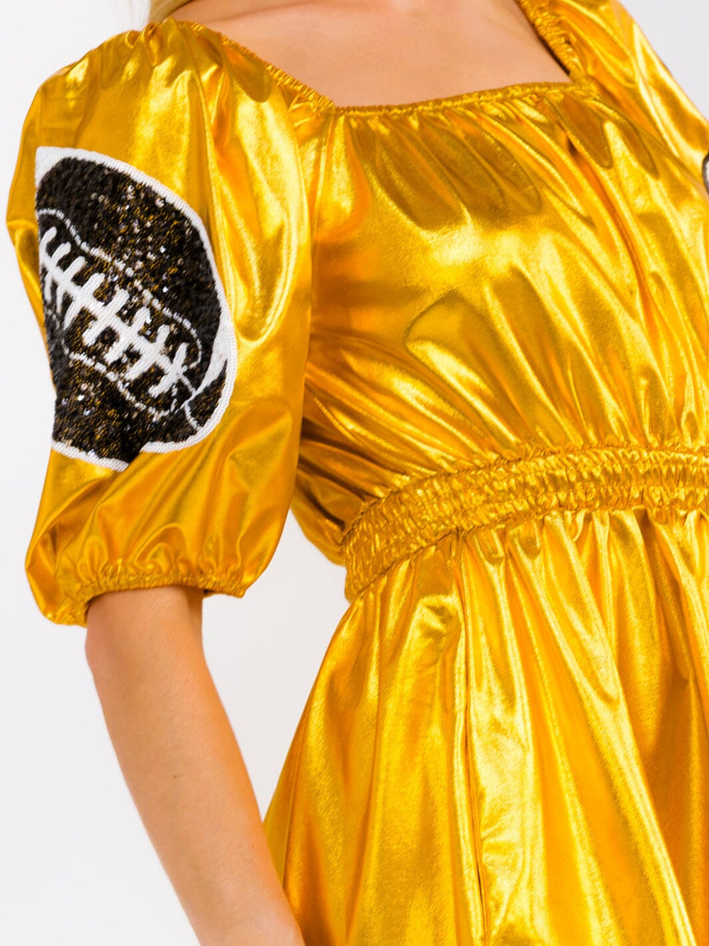 WOMEN'S SHORT PUFF SLEEVE SQUARE NECK FRONT POCKETS ELASTIC WAIST SEQUINS METALLIC MINI DRESS