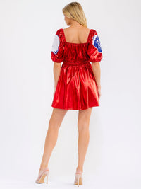 WOMEN'S SHORT PUFF SLEEVE SQUARE NECK FRONT POCKETS ELASTIC WAIST SEQUINS METALLIC MINI DRESS