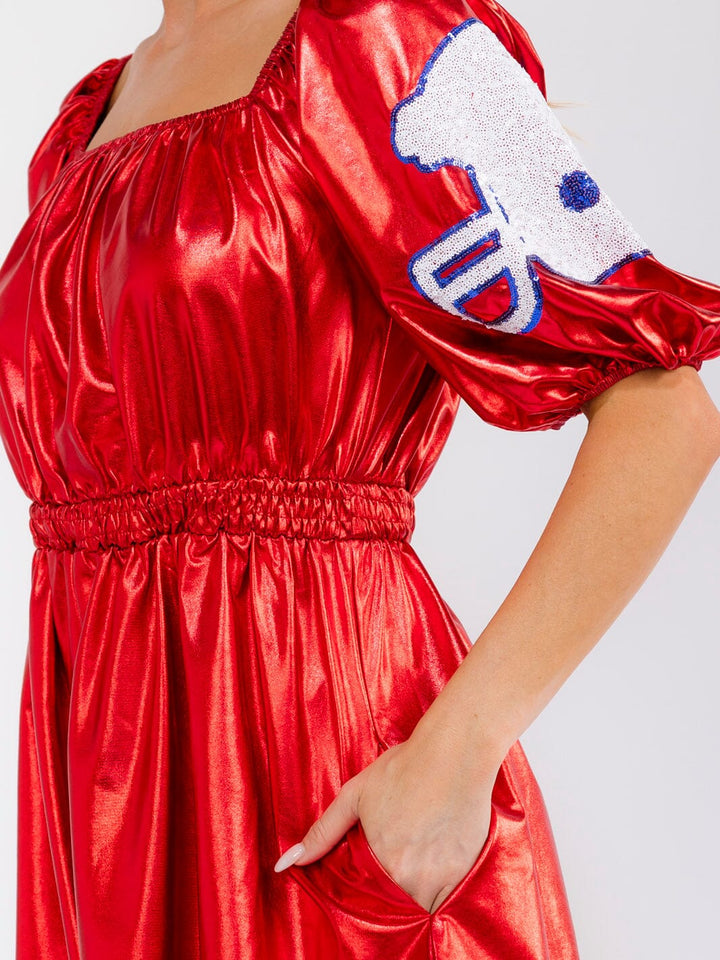 WOMEN'S SHORT PUFF SLEEVE SQUARE NECK FRONT POCKETS ELASTIC WAIST SEQUINS METALLIC MINI DRESS