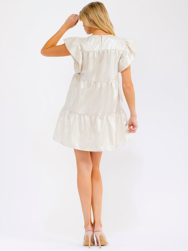 WOMEN'S RUFFLE SLEEVE FRONT POCKETS TIERED SEQUINS METALLIC MINI DRESS